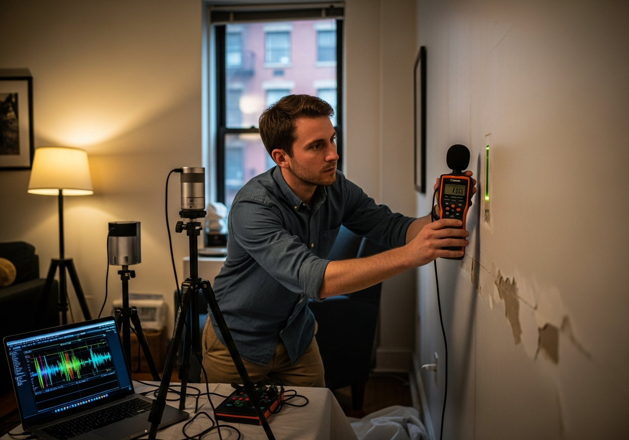 Technician measuring decibel levels with a sound meter inside an apartment